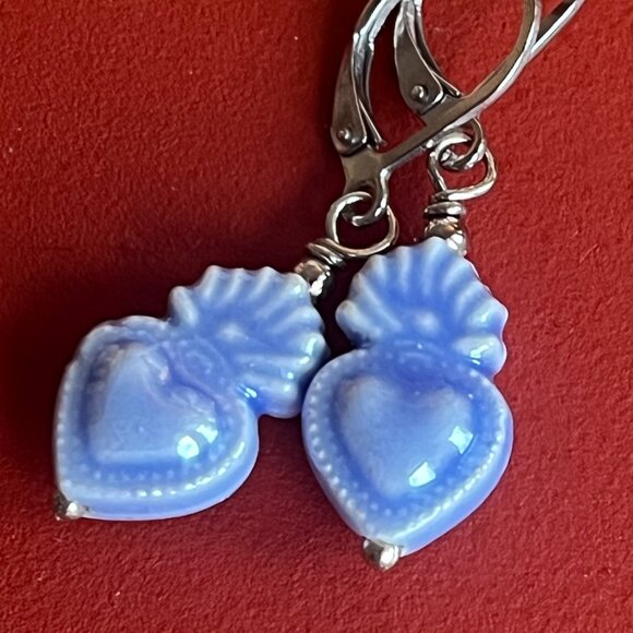 Blue Sacred Heart Ceramic Dangle Earrings, Milagro, Ex-Voto, Small Earrings - Picture 3 of 6